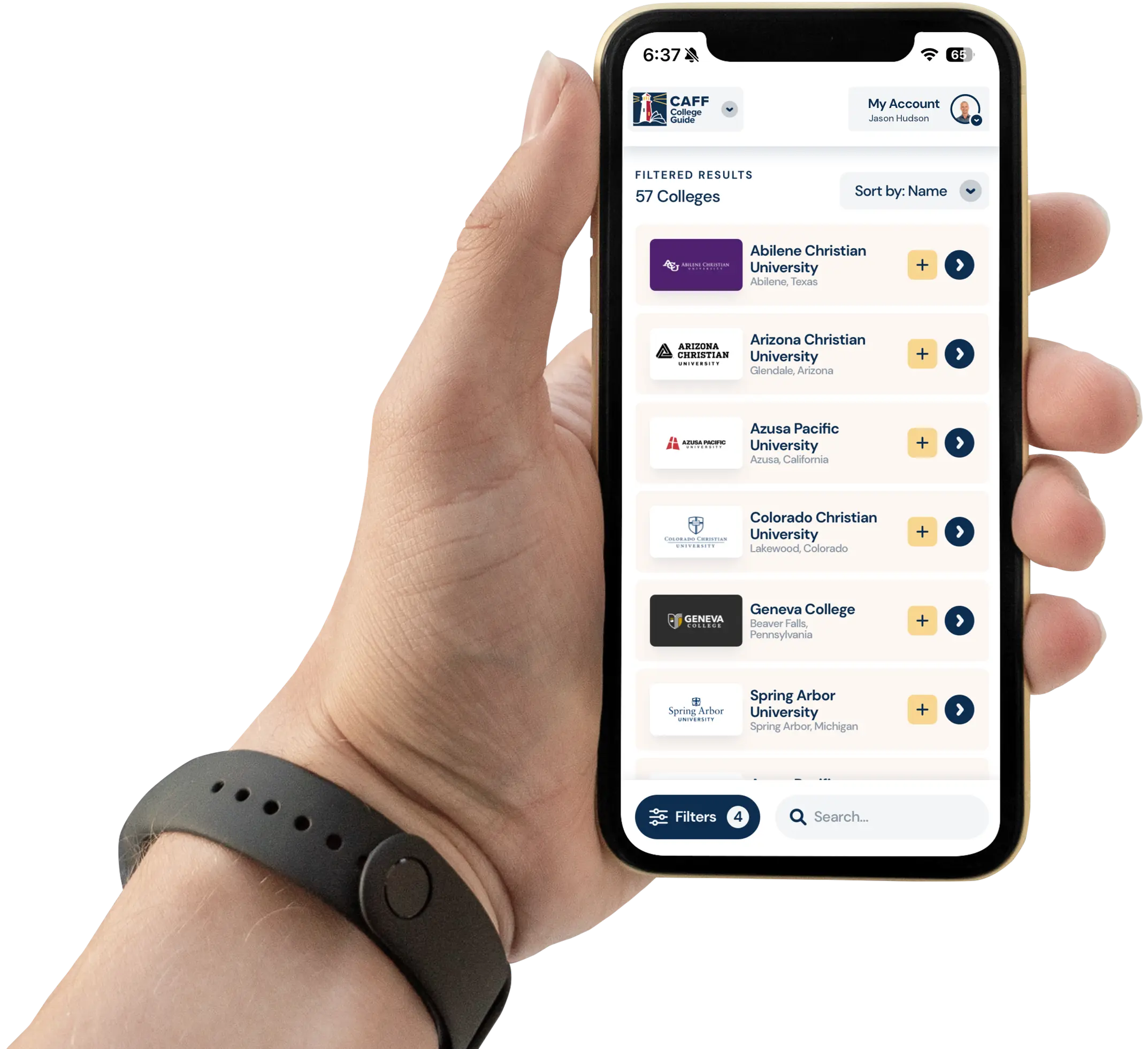 hand holding phone with CAFF college guide website
