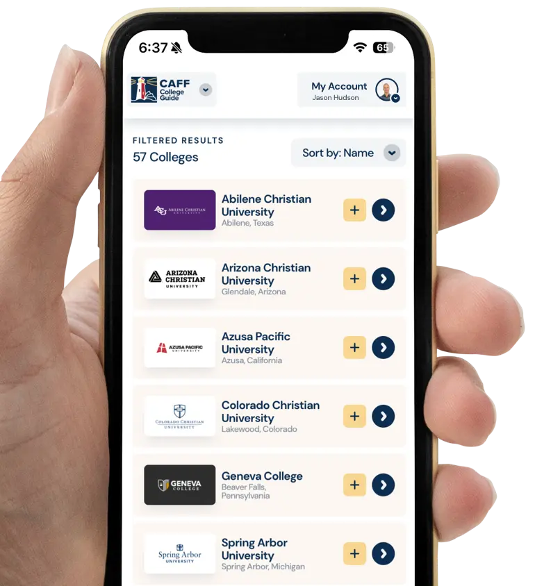 hand holding phone with CAFF college guide website